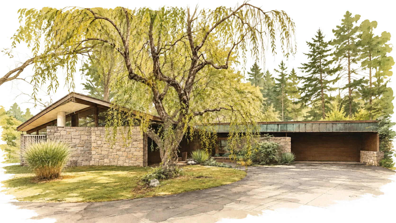 Watercolor of a 1955 Frank Lloyd Wright-inspired rancher behind an old weeping willow.